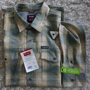 NWT Wrangler Mens Long Sleeve Dress Shirt Sz Lg Plaid Western Green Beige Pocket